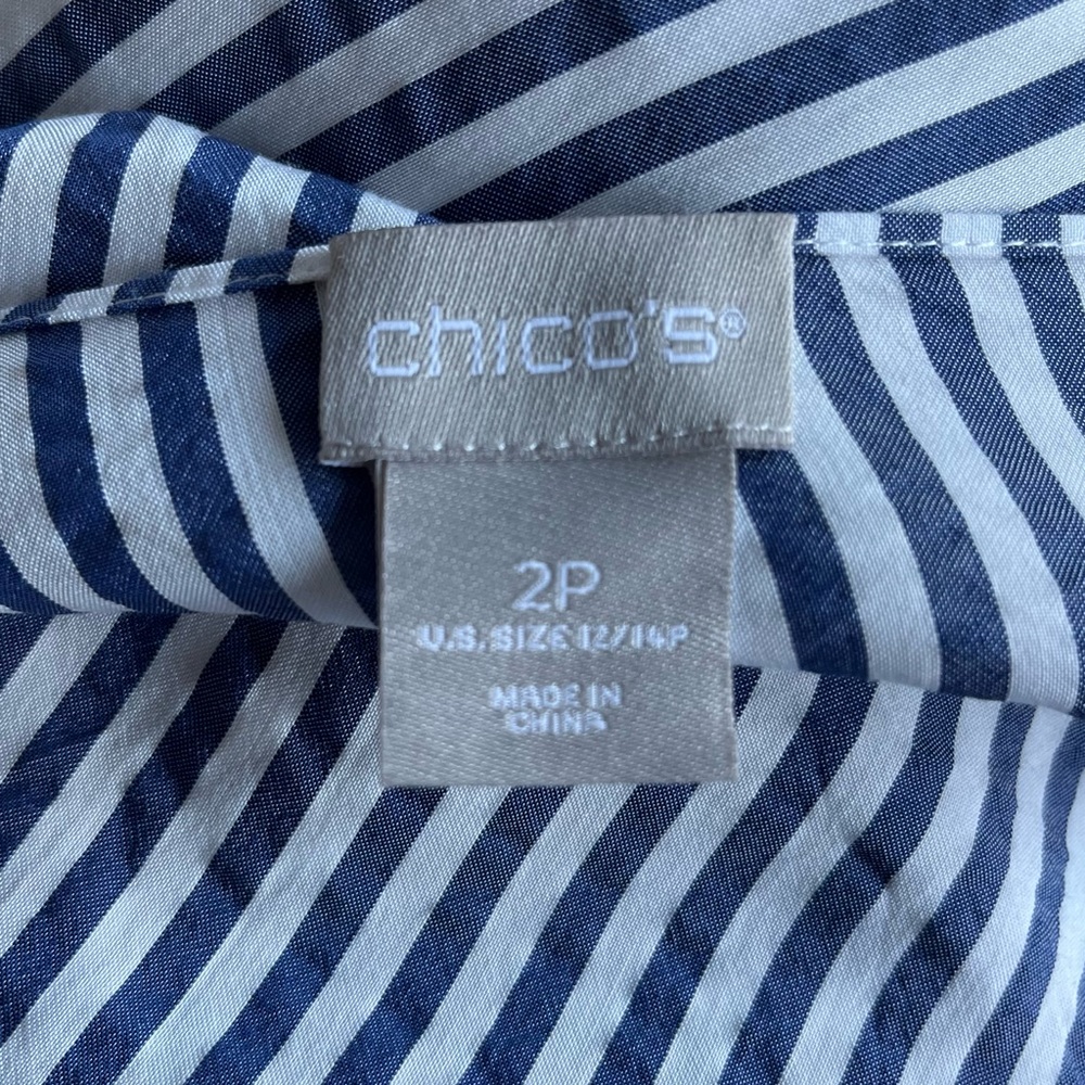 •Chico’s• Navy Striped Long Sleeve V-Neck Ruffle Top - Size Large - Picture 2 of 11